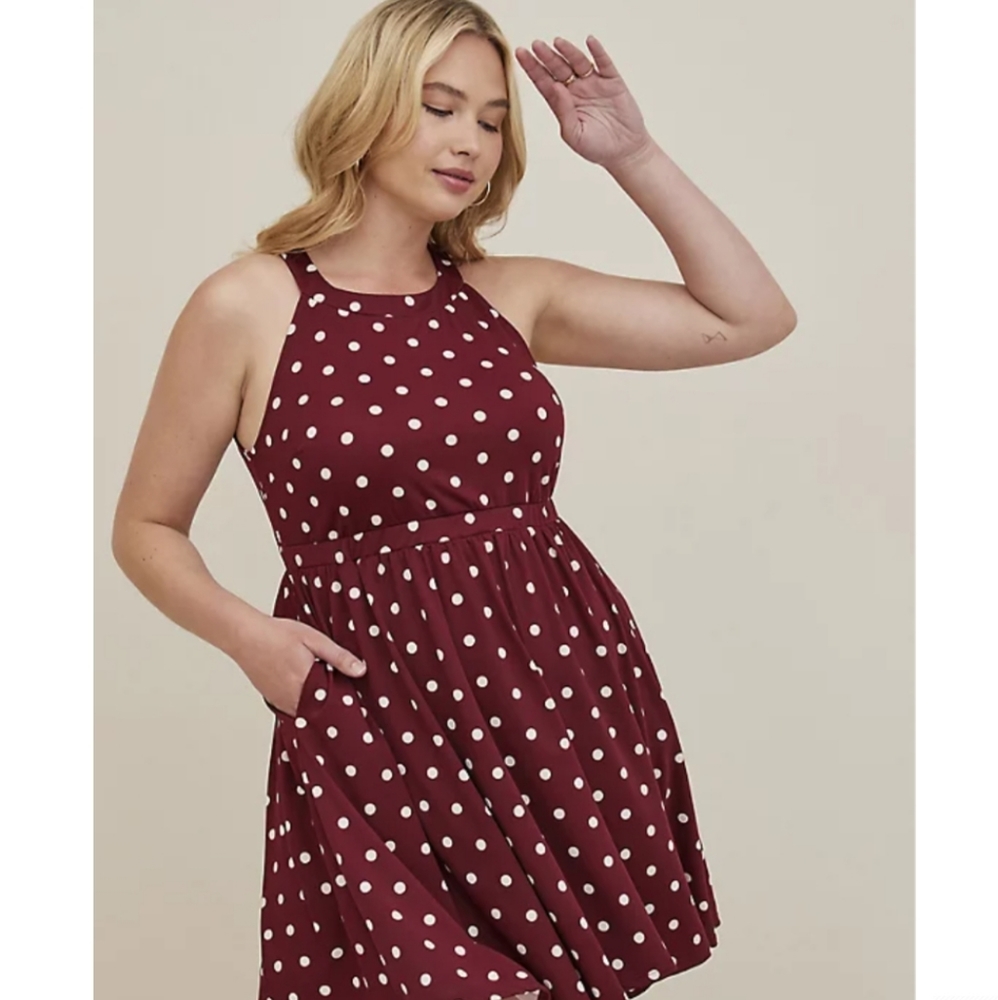 Torrid Halter Mini Skater Dress- Studio Knit Dots Burgundy, size 3x